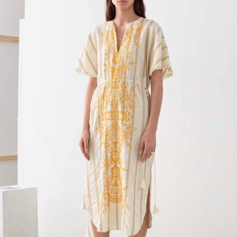 & Other Stories Embroidered V-Neck Cotton Kaftan Dress
